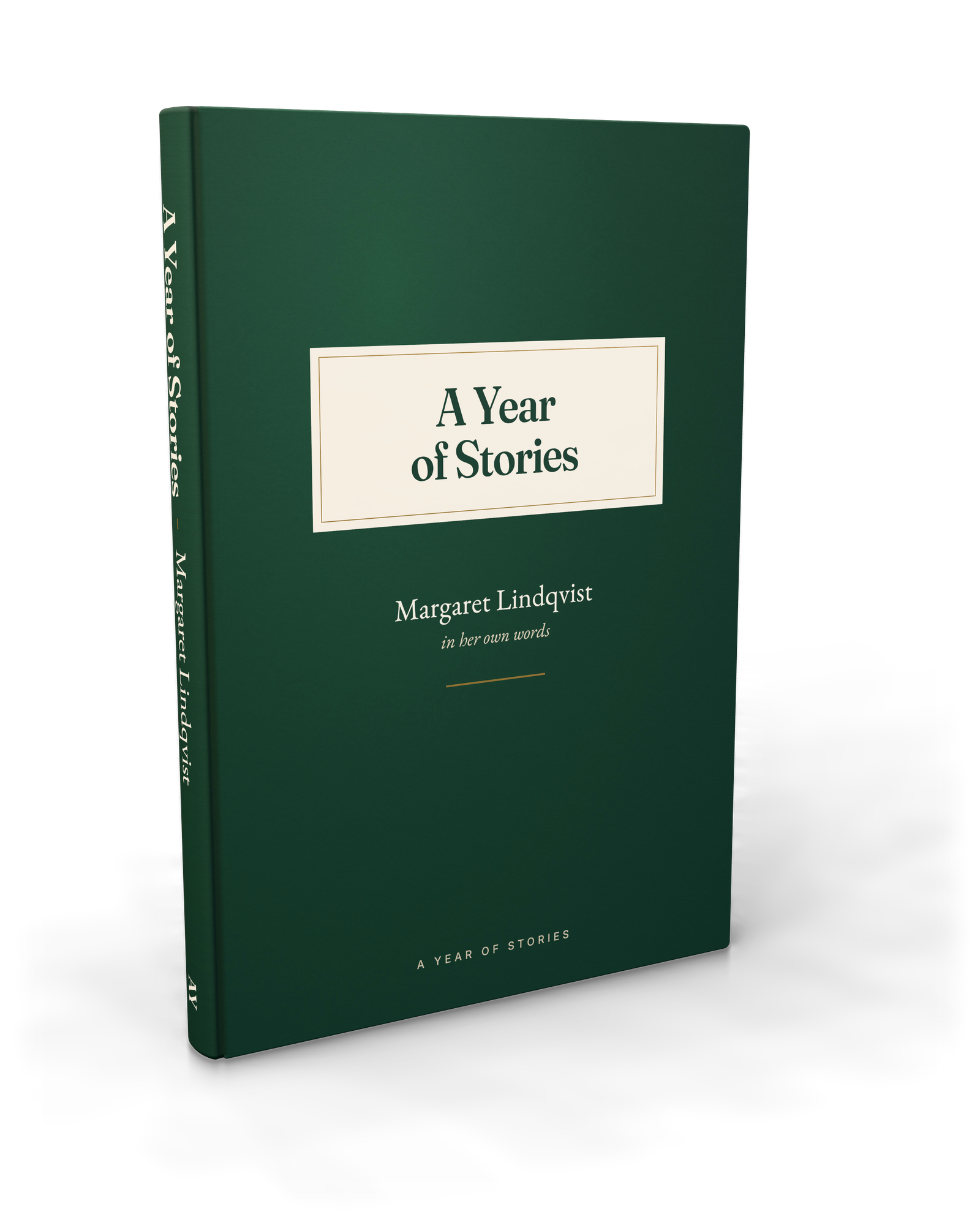 A Year of Stories hardcover: a forest-green cloth cover with the storyteller's name