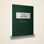 The finished hardcover: 6 by 9 inches, forest green, with the storyteller's name on the cover
