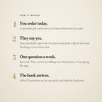 How it works in four steps: you order, they say yes, one question a week, the book arrives