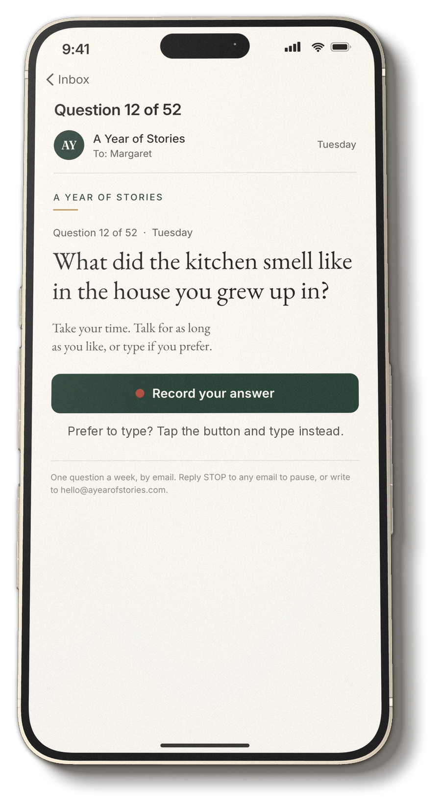 The weekly question arriving by email on a phone, with a button to record an answer
